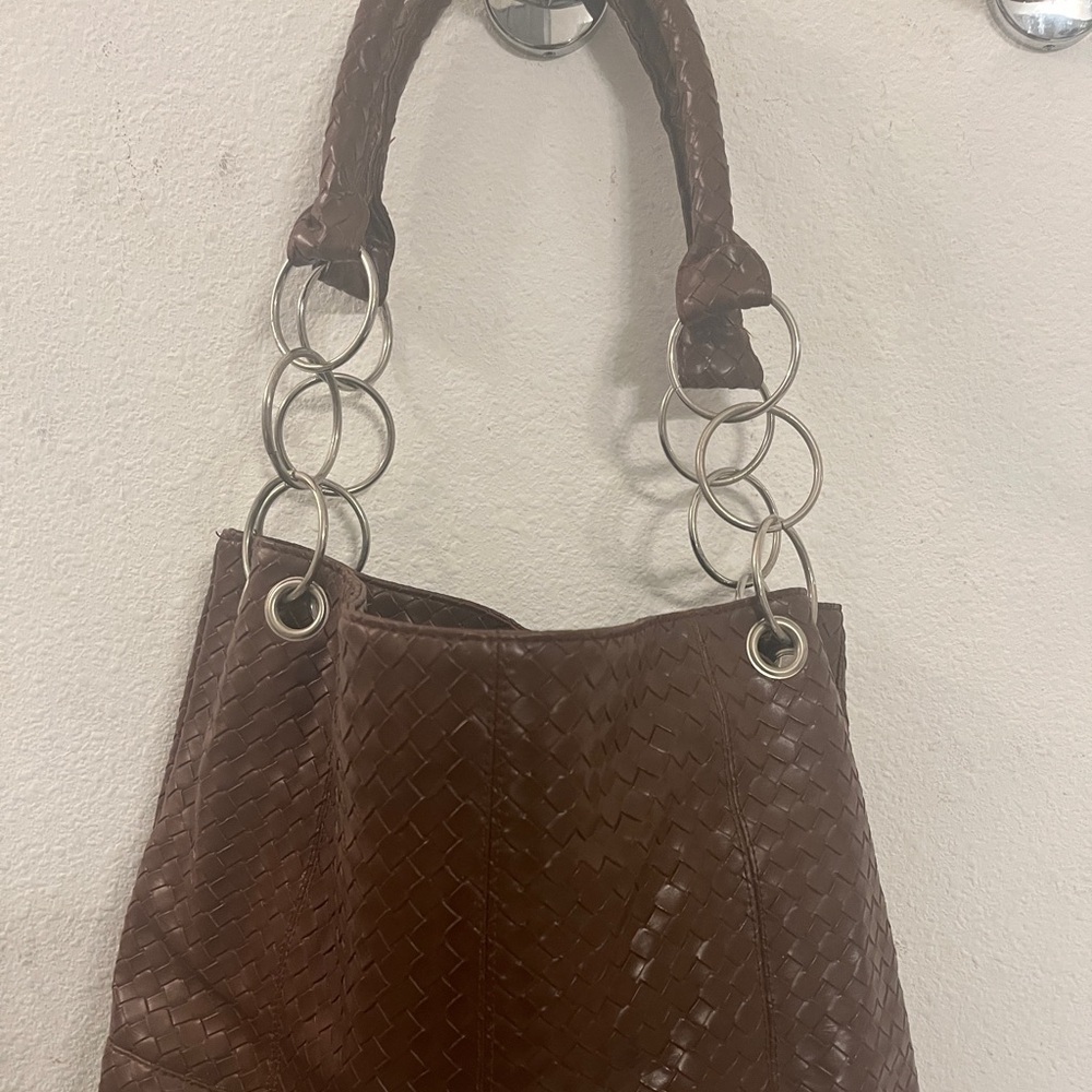 MSC Brown Woven Leather Shoulder Bag Medium Silver Ring Handle Boho Purse